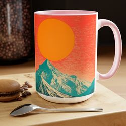 Mountain Retro Graphic Bold Colors Coffee Mug, Adventure Camping Coffee Mug, Mountaineer Hiker Gift