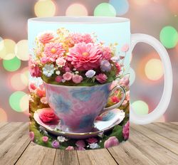 3D Tea Cup Pink Flowers Mug, 11oz And 15oz Mug, Mug Design