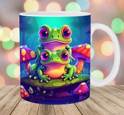 Colorful Neon Frogs Mushrooms Mug, 11oz 15oz Mug, Mug Design