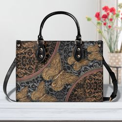 Butterfly Vintage Pattern Leather Bag, Butterfly Handbag, Custom Leather Bag