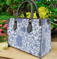 Chinoiserie Vines Delft Blue White Leather Handbag, Women Leather HandBag, Gift for Her