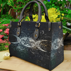 Triple Moon Wicca Black Leather Handbag, Women Leather HandBag, Gift for Her