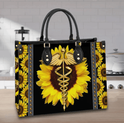 Nurse Symbol Sunflower Leather Handbag, Women Leather HandBag, Gift for Her
