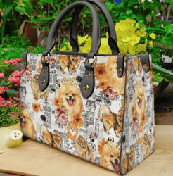 Flower Pomeranian City Leather Handbag, Women Leather HandBag, Gift for Her