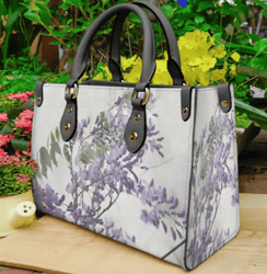 Wisteria Lavender Floral Leather Handbag, Women Leather HandBag, Gift for Her