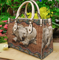 Baby Elephant On The Seamless Print Leather Handbag, Women Leather HandBag, Gift for Her