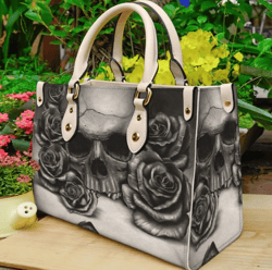 Black Sugar Skull Rose Floral Leather Handbag, Women Leather HandBag, Gift for Her, Teacher Gift, Birthday Gift