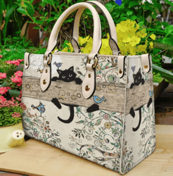 Cat Bird Tree Floral Leather Handbag, Women Leather HandBag, Gift for Her, Teacher Gift, Birthday Gift