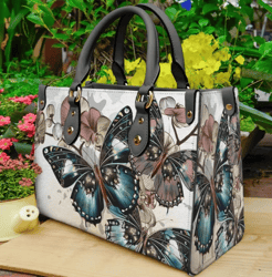 Butterfly And Flower Floral Leather Handbag, Women Leather HandBag, Gift for Her, Birthday Gift, Mother Day Gift