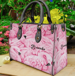 Personalized Pink Flamingo Feathers Leather Handbag, Women Leather HandBag, Gift for Her, Birthday Gift, Mother Day Gift