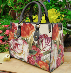 Poppy Flower Floral Bunch Leather Handbag, Women Leather HandBag, Gift for Her, Birthday Gift, Mother Day Gift