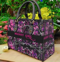 Hunting Muddy Girl Pink Camo Leather Handbag, Women Leather HandBag, Gift for Her, Birthday Gift, Mother Day Gift