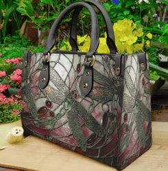 Dragonfly Stained Glass Leather Handbag, Women Leather HandBag, Gift for Her, Birthday Gift, Mother Day Gift