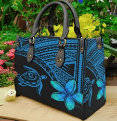 Hawaiian Turtle Plumeria Polynesian Leather Handbag, Women Leather HandBag, Gift for Her, Birthday Gift, Mother Day Gift