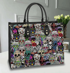 Colorful Sugar Skull Leather Handbag, Women Leather HandBag, Gift for Her, Birthday Gift, Mother Day Gift