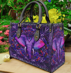 Bohemian Mandala Elephant Purple Leather Handbag, Women Leather HandBag, Gift for Her, Birthday Gift