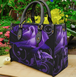Purple Rose Black Leather Handbag, Women Leather HandBag, Gift for Her, Birthday Gift