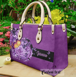 Personalized Butterfly Purple Flower Handbag, Women Leather HandBag, Gift for Her, Birthday Gift