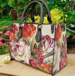 Poppy Flower Floral Bunch Leather Handbag, Women Leather Handbag, Gift for Her, Birthday Gift