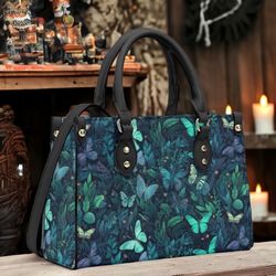Butterflies Gothic Pu Leather Tote Bag, Trendy Fashion Handbag For Girls & Moms, Vegan Leather Handbag Gift For Women