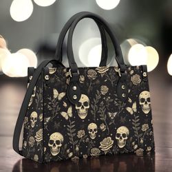 Gold Skull And Roses Pu Leather Tote Bag, Goth Witch Trendy Fashion Handbag, Dark Academia Vegan Leather Handbag Gift