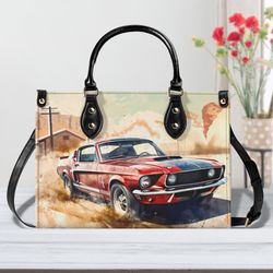 Classic Muacle Car Print Handbag, Vintage Car Print Purse, Retro, Classic Car Handbag, Gift For Car
