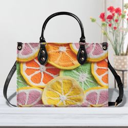 Faux Embroidered Fruit Leather Handbag, Summer Orange And Lemon Print Purse, Large Leather Tote Bag