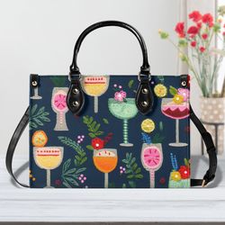 Faux Embroidered Topical Drink Navy Leather Handbag, Summer Margarita Print Purse, Large Leather Handbag
