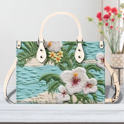 Faux Embroidered Topical Print Leather Handbag, Summer Floral Print Purse, Large Leather Tote Bag