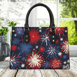 July 4 Thmemorial Day Fireworks Design Ladies Handbag, Patriotic Vegan Leather Purse, Summer Red Handbag