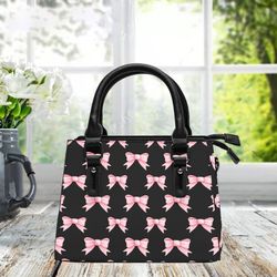 Pink Bow Coquette Design Handbag, Black Handbag, Dark Coquette Small Ladies Leather Purse