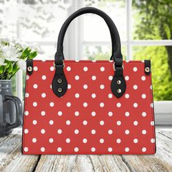 Polka-Dot Print Handbag, Red Purse With White Polka Dots, Ladies Leather Handbag, Purse For Mom