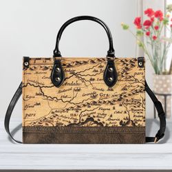 Vintage Map Print Handbag, Map Print Purse, Travel Bag, Gift For Traveler, Travel Handbag, Travel Leather Handbag