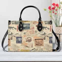 Vintage Travel Design Handbag, Gift For Traveler, Airplane Design Handbag, Vacation Passport Print Leather Handbag