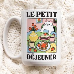 Quirky Cat Coffee Mug, Le Petit Dejeuner White Cat Mug, French Coffee Mug, Coffee Lover Gift Idea, Coffee Quote Mug