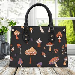 Black Cottagecore Mushroom Leather Handbag, Cottagecore Leather Handbag, Vegan Leather Luxury Boho Bag, Cute Mushroom Ba