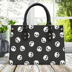 Black Skull Pattern Cute Leather Handbag, Cottagecore Leather Handbag, Vegan Leather Luxury Boho Bag, Cute Skull Bag