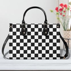 Checkered Handbag, Trendy Handbag, Waterproof Leather Handbag, Top Handle Vegan Leather, High-Quality Crossbody Bag