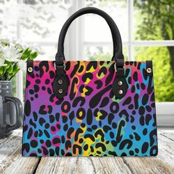 Colorful Leopard Fur Pattern Leather Handbag, Cottagecore Leather Handbag, Vegan Leather Luxury Boho Bag, Hippies Bag