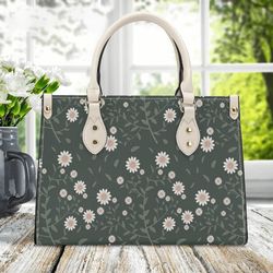 Cottagecore Daisy Flower Pattern Leather Handbag, Cottagecore Leather Handbag, Vegan Leather Luxury Boho Bag