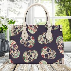 Day Of The Dead Skull Pattern Leather Handbag, Cottagecore Leather Handbag, Vegan Leather Luxury Boho Bag