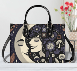 Luxury Women Leather Handbag, Beautiful Abstract Flower Womens Face Smiling At The Cosmic Moon Cute Unique Chic