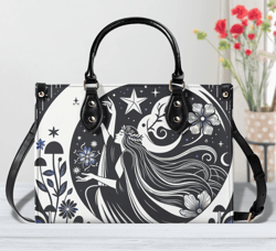 Luxury Women Leather Handbag, Tote Unique Beautiful Art Deco Design Women Girl Gazing At The Moon Touching The Stars