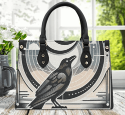 Luxury Women Leather Handbag, Tote Unique Crow Mystical Art Deco Moon Star Handbag, Make A Nice Gift