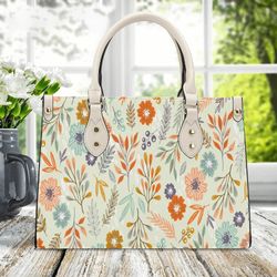 Minimal Colorful Floral Pattern Leather Handbag, Cottagecore Leather Handbag, Vegan Leather Luxury Boho Bag