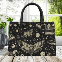 Mystical Moth Pattern Witchcraft Cottagecore Leather Handbag, Minimal Leather Handbag, Vegan Leather Luxury Boho Bag