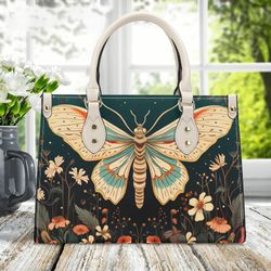 Luxury Handbag Butterfly Moth Cottagecore Wildflower Floral Flower Botanical Design Unique Women Leather Handbag