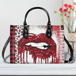 Red Lips Handbag, Trendy Handbag, Waterproof Leather Handbag, Top Handle Vegan Leather, High-Quality Crossbody Bag