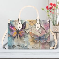 Vintage Artisan Butterfly Handbag, Colorful Handbag, Waterproof Leather Handbag, Top Handle Vegan Leather, Crossbody