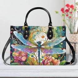 Watercolor Dragonfly Handbag, Colorful Handbag, Waterproof Leather Handbag, Top Handle Vegan Leather, Crossbody Handbag